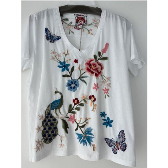 Johnny Was Nicolette V Short Ethereal Blue Tee Shirt Floral Embroidery Top NEW - Picture 7 of 8